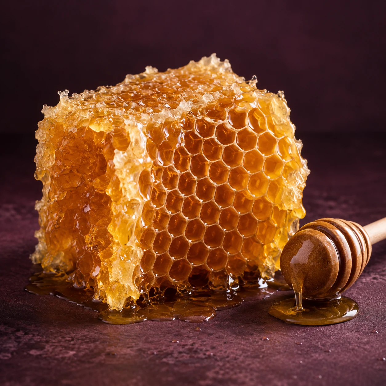 Golden honeycomb with a wooden honey dipper